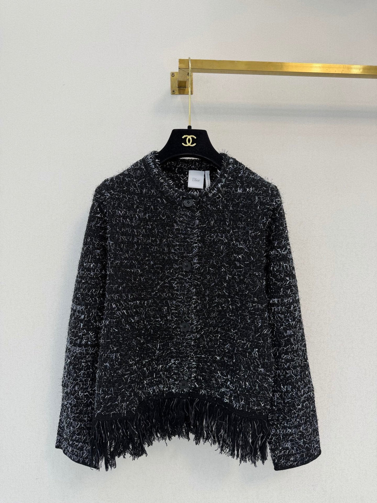 Dior 26s Fringe Textured Cardigan Black Wool 451010