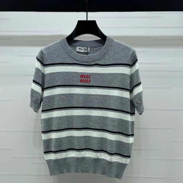 Miumiu 2026 Crew Neck Striped Short-sleeved Knit Top Gray Cotton 352436