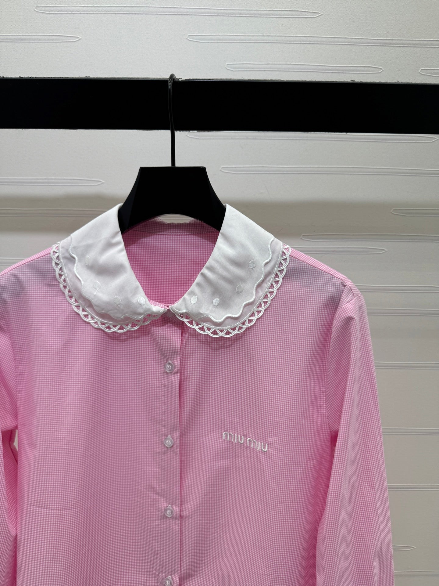 Miu Peter Pan Collar Plaid Shirt Pink Cotton 392637