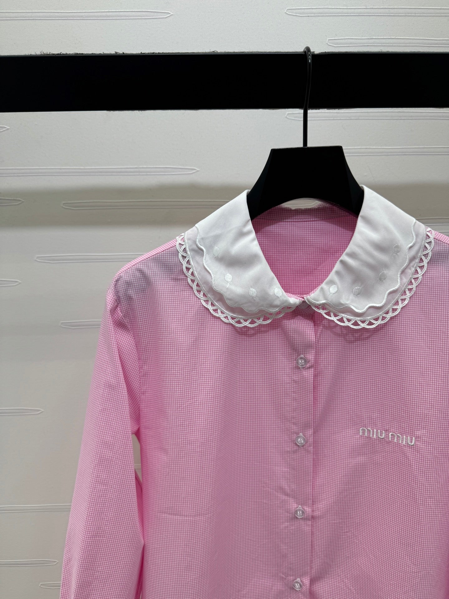 Miu Peter Pan Collar Plaid Shirt Pink Cotton 392637