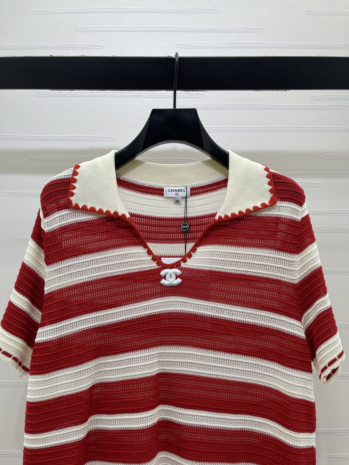 CC 26s Striped Collared Knit Short-Sleeved Top White Red 406562