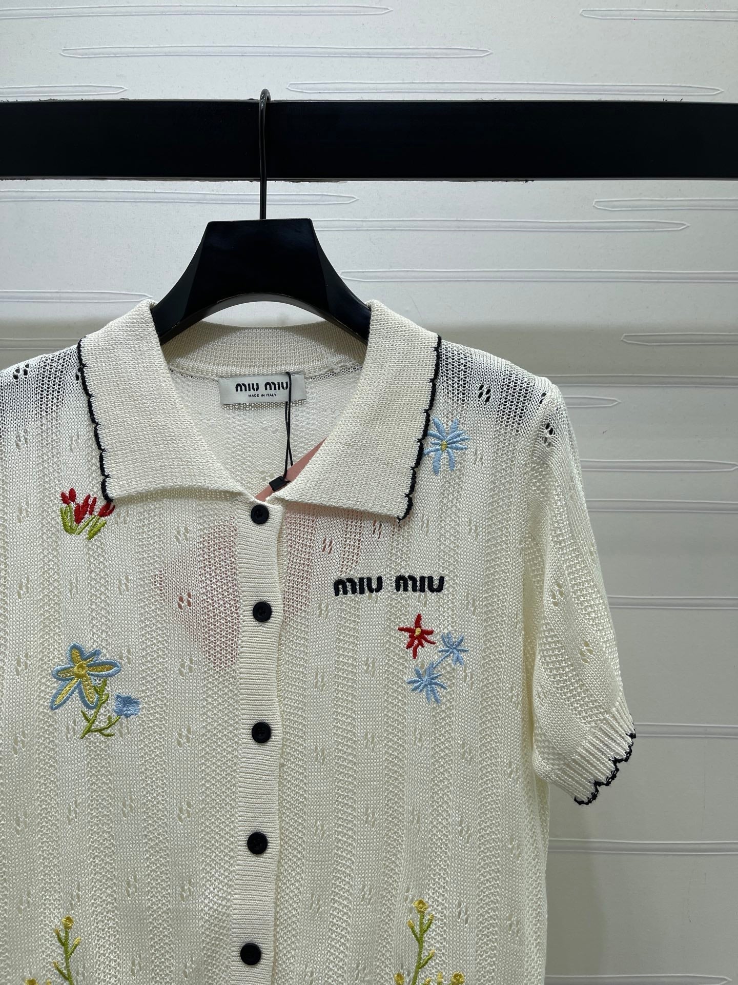 Miu 26s Hollow Striped Collared Knit Short Sleeve White Wool 406537