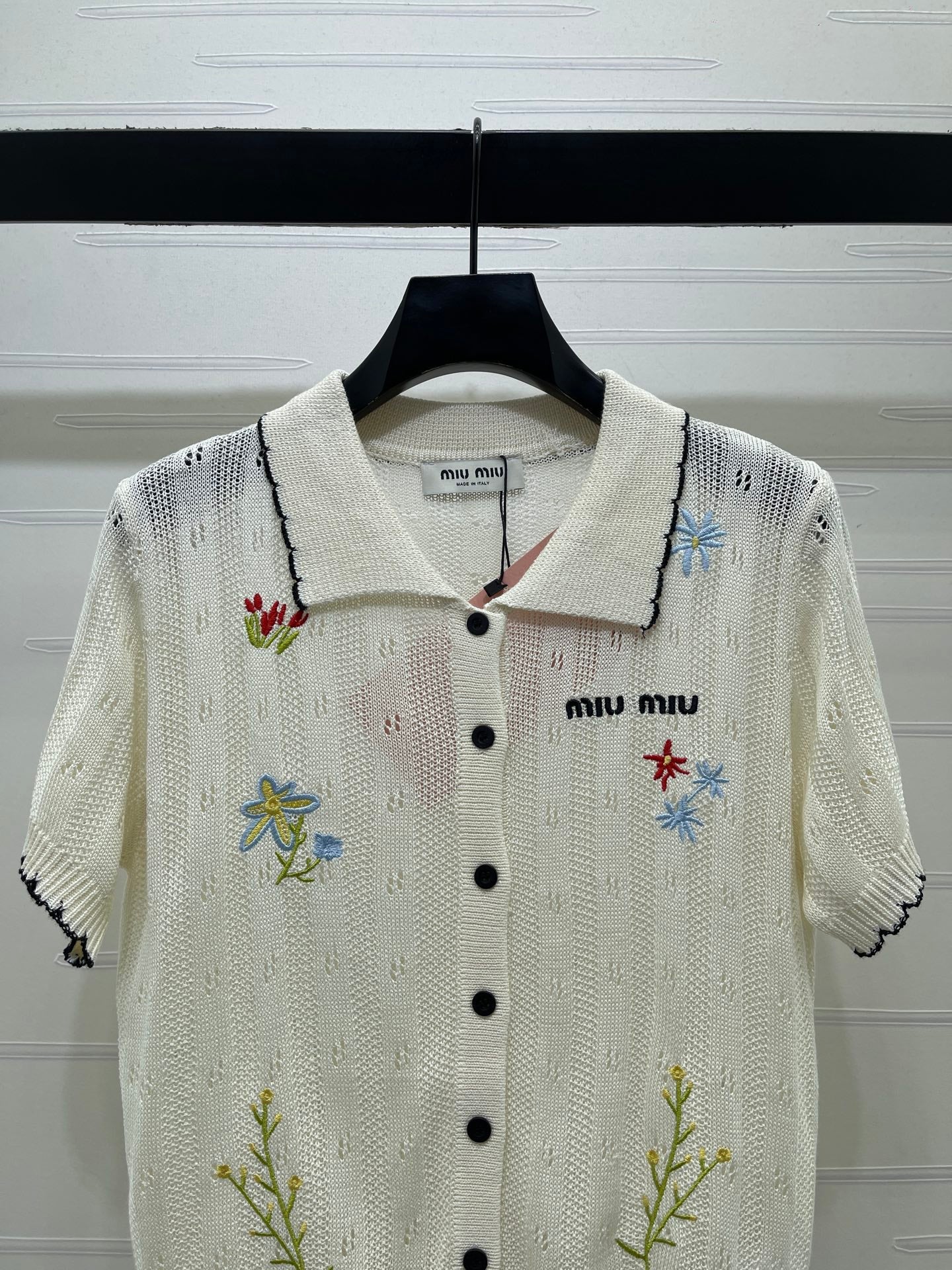 GG 26s Hollow Striped Collared Knit Short Sleeve White Wool 406537