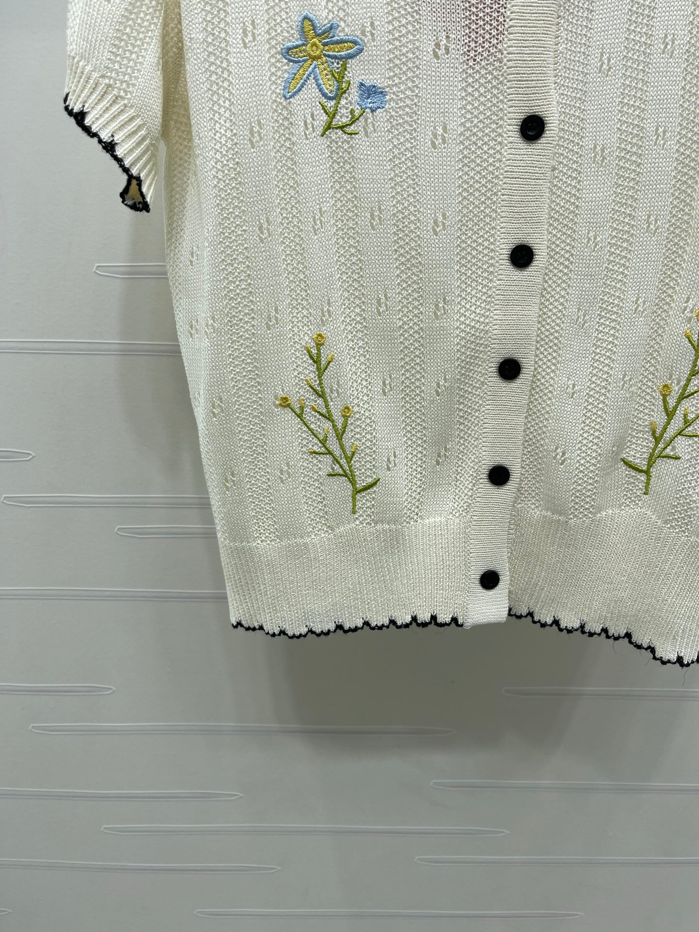 Miu 26s Hollow Striped Collared Knit Short Sleeve White Wool 406537
