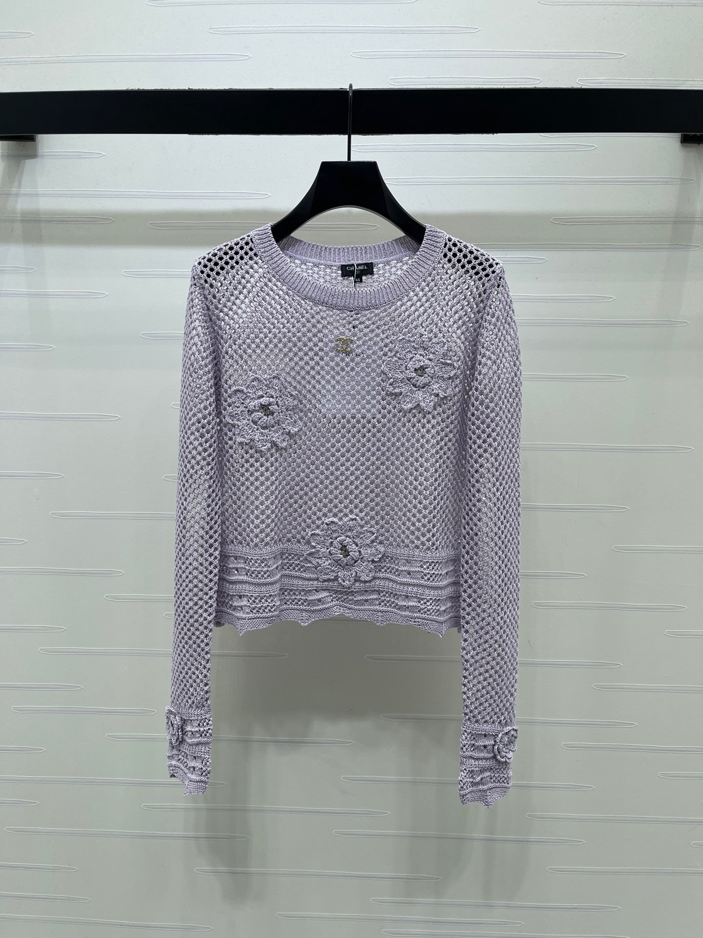 CC 26s Hollow-Out Crochet Knit Long-Sleeved Top Purple Wool 406546
