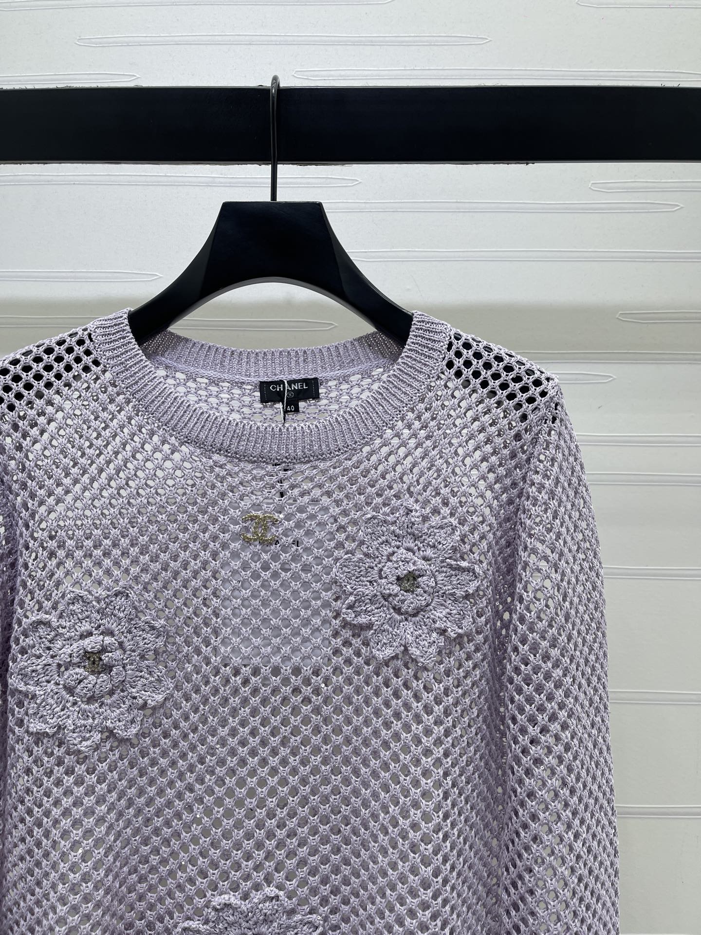 CC 26s Hollow-Out Crochet Knit Long-Sleeved Top Purple Wool 406546