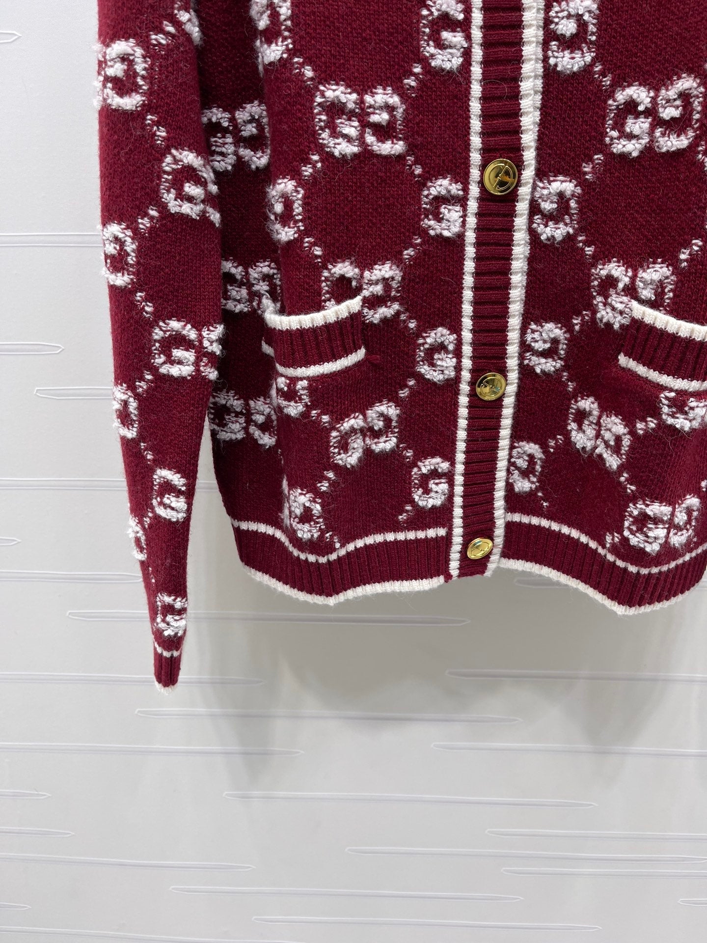 GG Crew Neck Jacquard Knit Cardigan Red Wool 415664