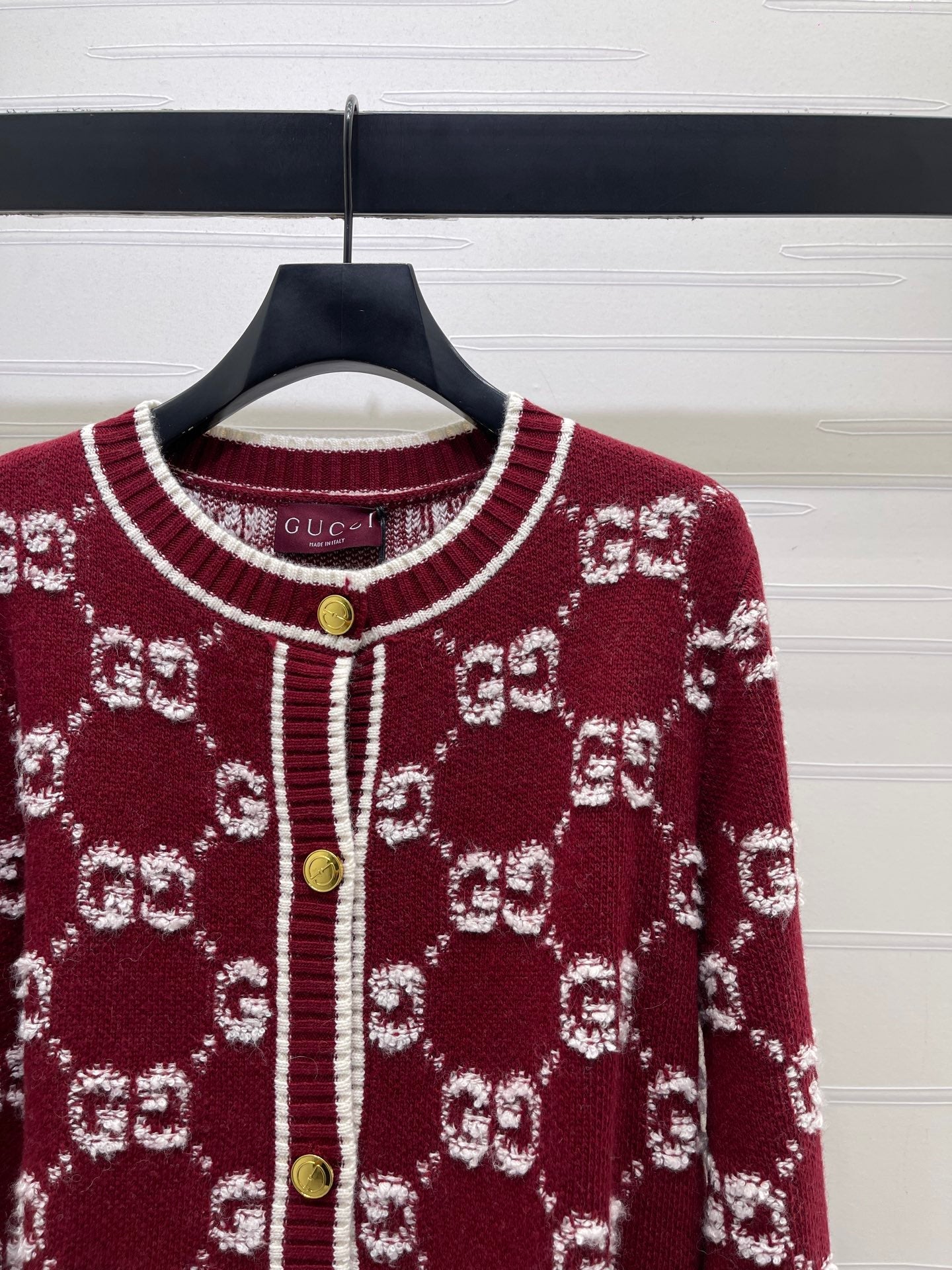 GG Crew Neck Jacquard Knit Cardigan Red Wool 415664