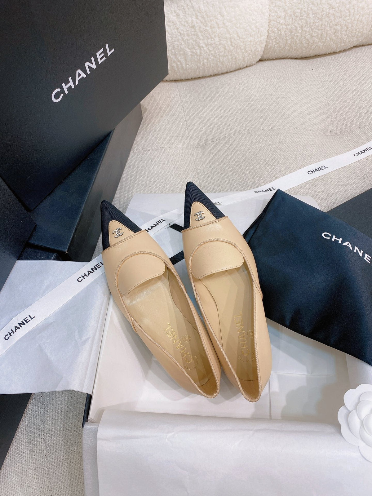Chanel 26s Ballet Flats Beige Black Grosgrain Leather 156613