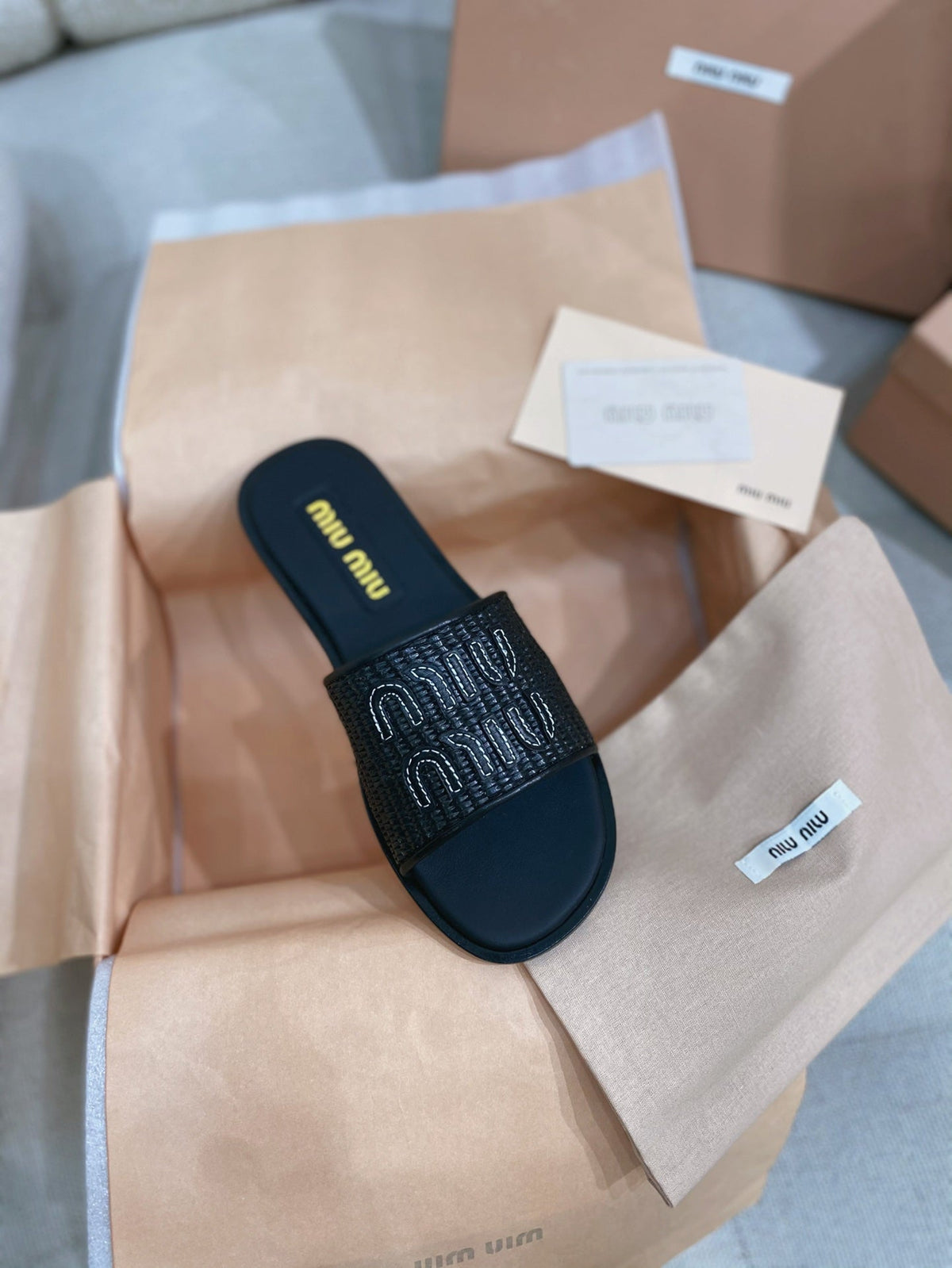Miu Miu 26s Stuoia Raffia Logo Flat Slide Sandals Black 155455