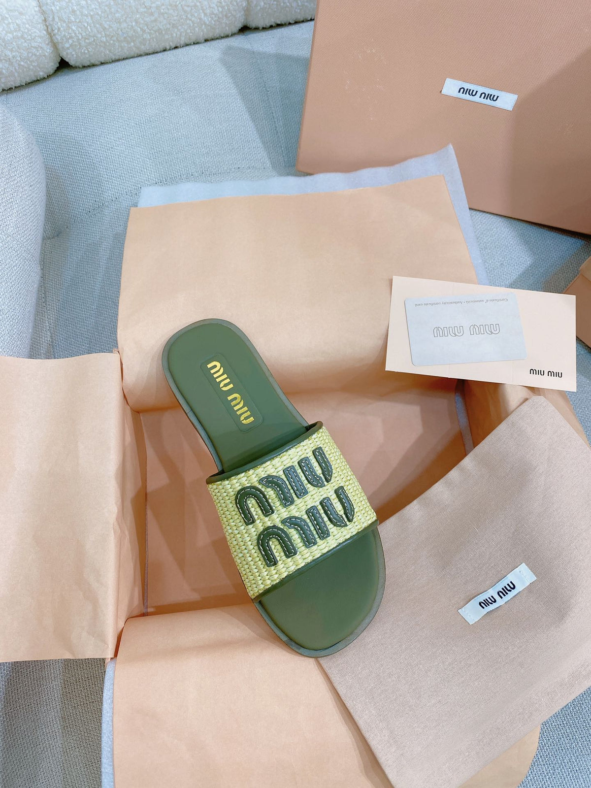 Miu Miu 26s Stuoia Raffia Logo Flat Slide Sandals Olive Green 155456