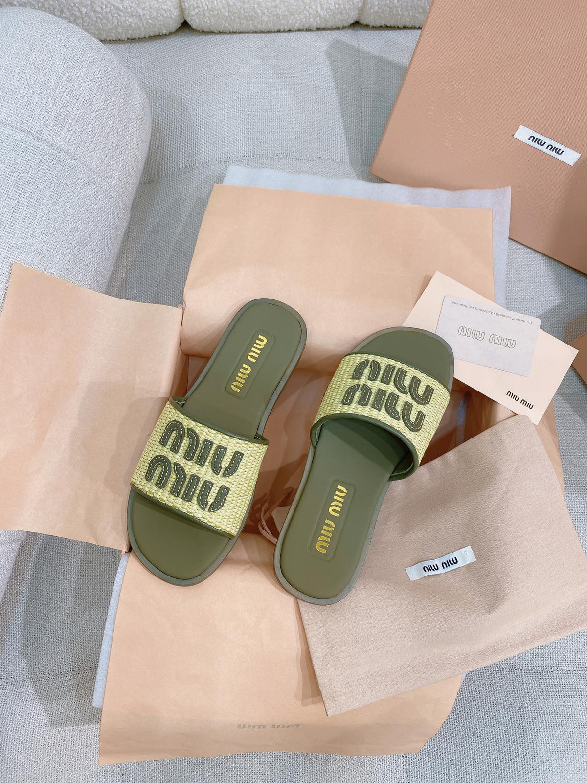 Miu Miu 26s Stuoia Raffia Logo Flat Slide Sandals Olive Green 155456