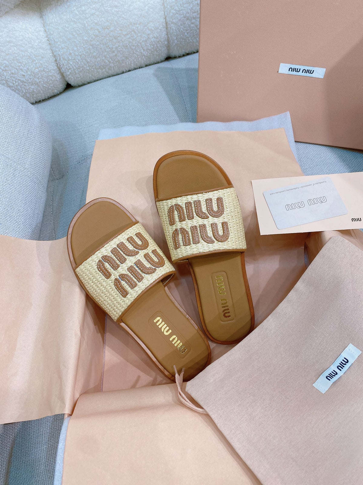 Miu Miu 26s Stuoia Raffia Logo Flat Slide Sandals Beige Brown 155457