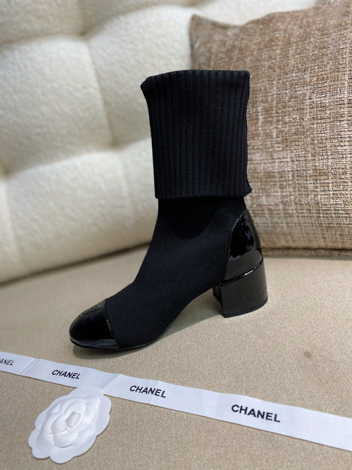 Chanel 26s Sock Boots 5.5cm Black Knit Patent Leather 156617