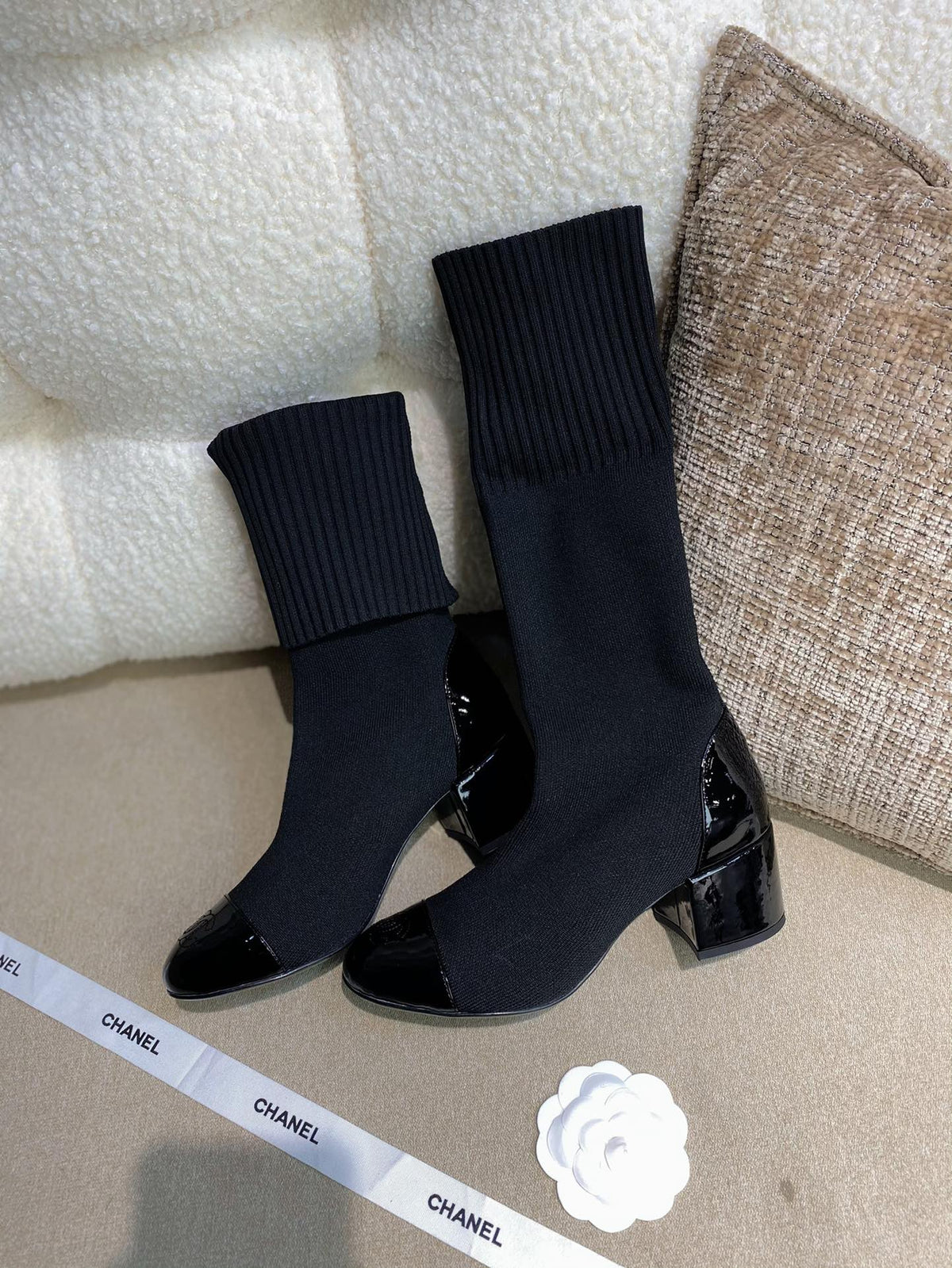 Chanel 26s Sock Boots 5.5cm Black Knit Patent Leather 156617