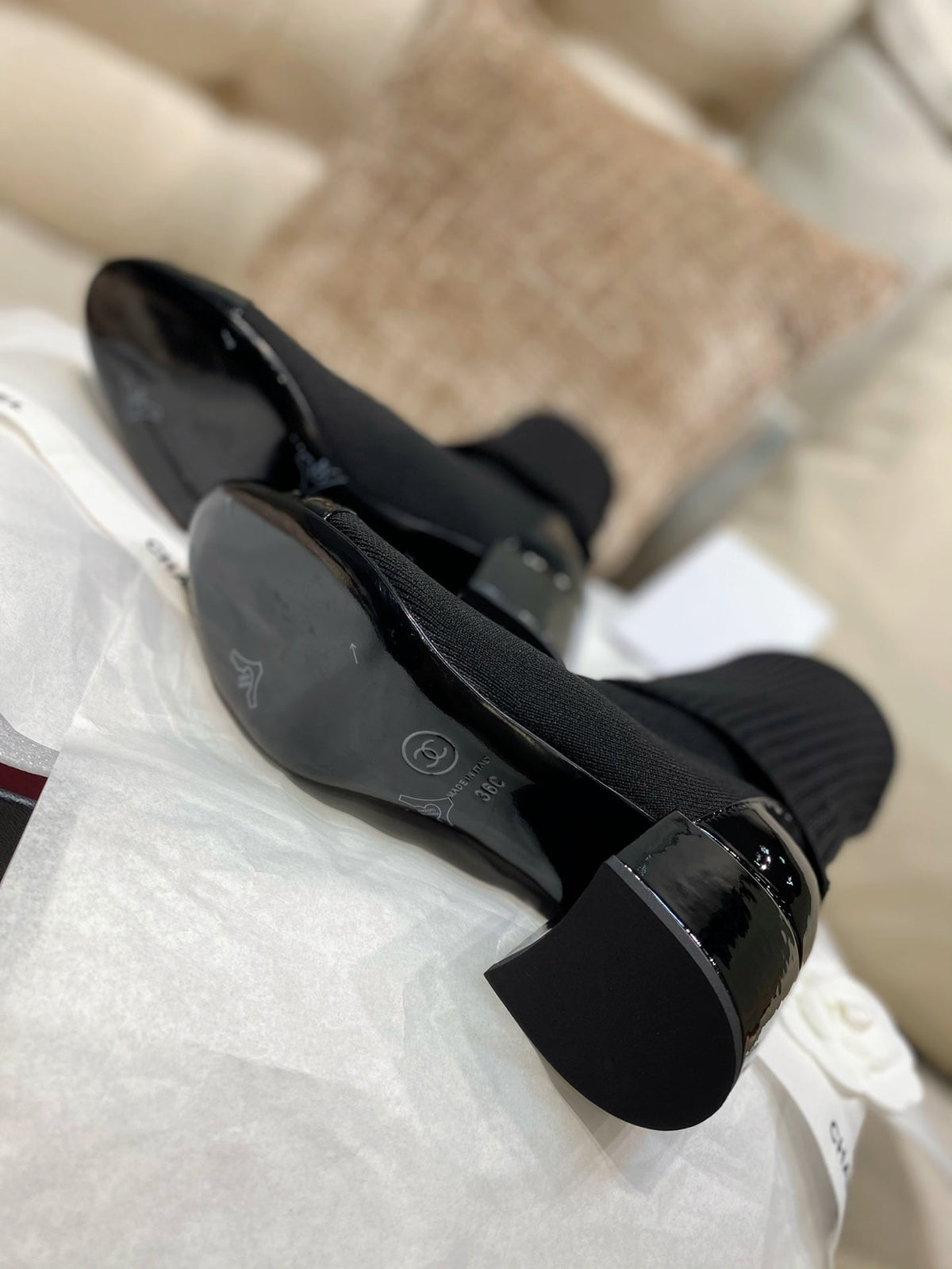 Chanel 26s Sock Boots 5.5cm Black Knit Patent Leather 156617