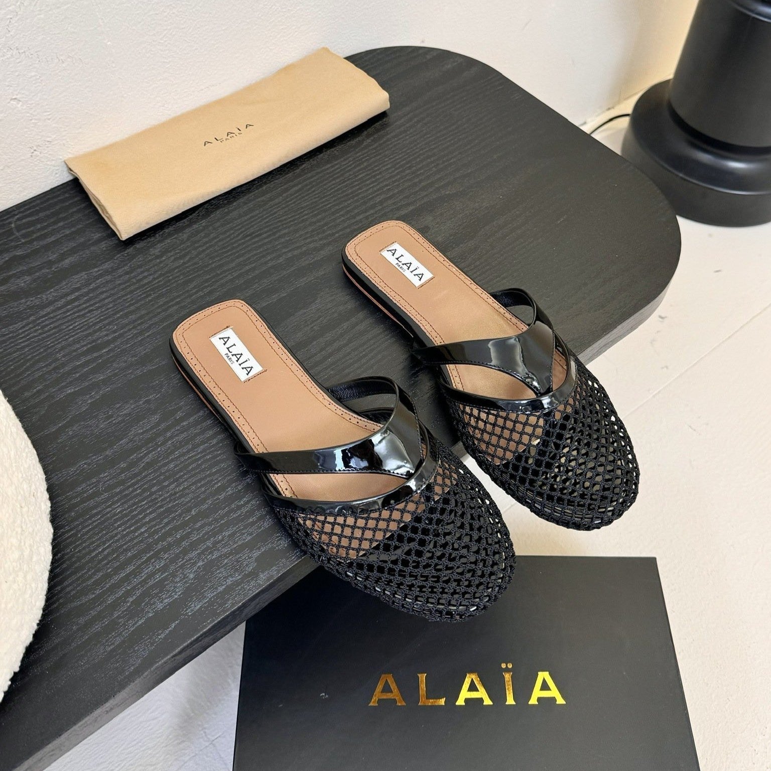 Alaia Fishnet Mule Black Leather 235516