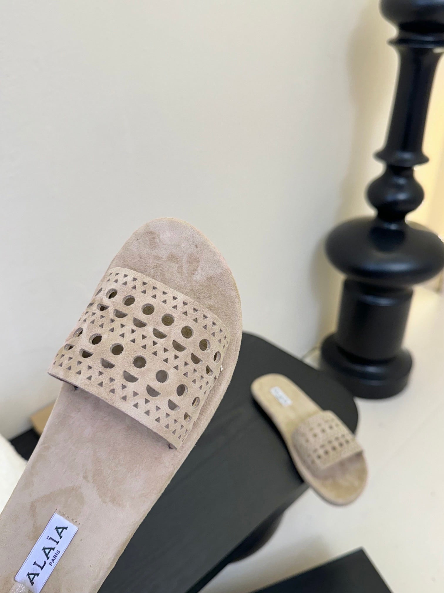 Alaia women laser-cut beige suede leather slide 235541