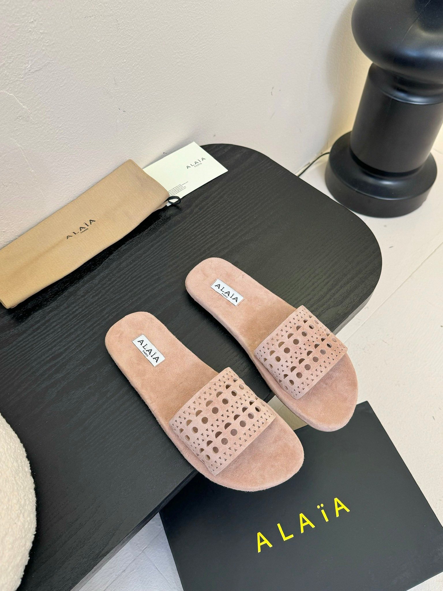 Alaia women laser-cut peach suede leather slide 235543