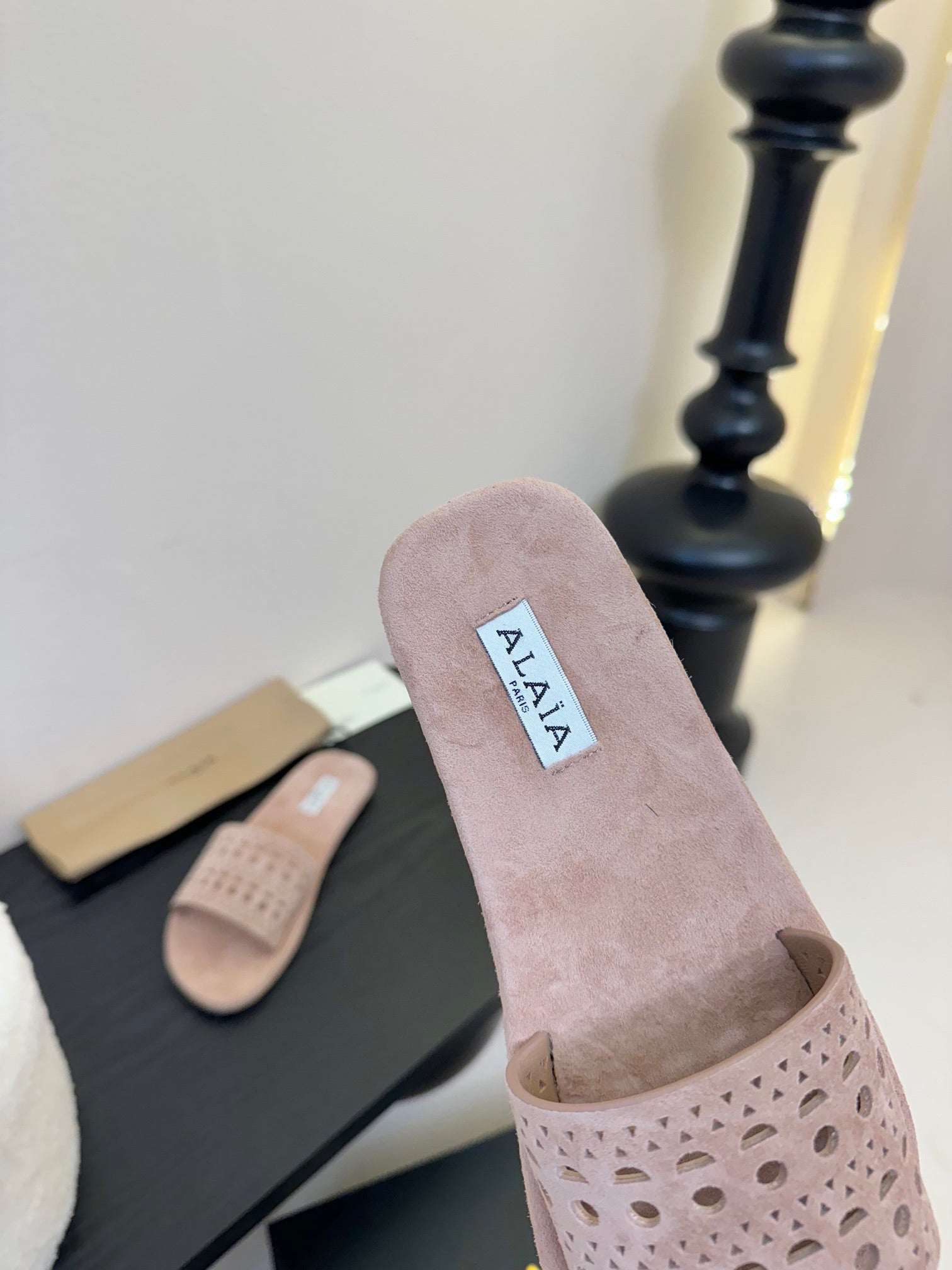 Alaia women laser-cut peach suede leather slide 235543