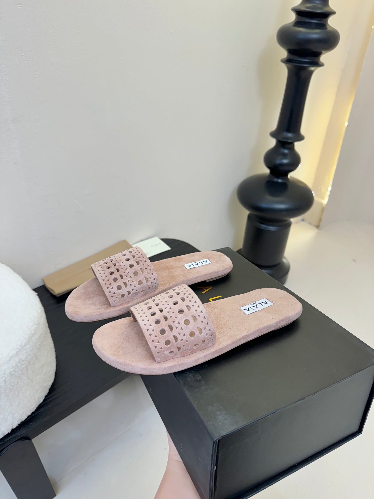 Alaia women laser-cut peach suede leather slide 235543