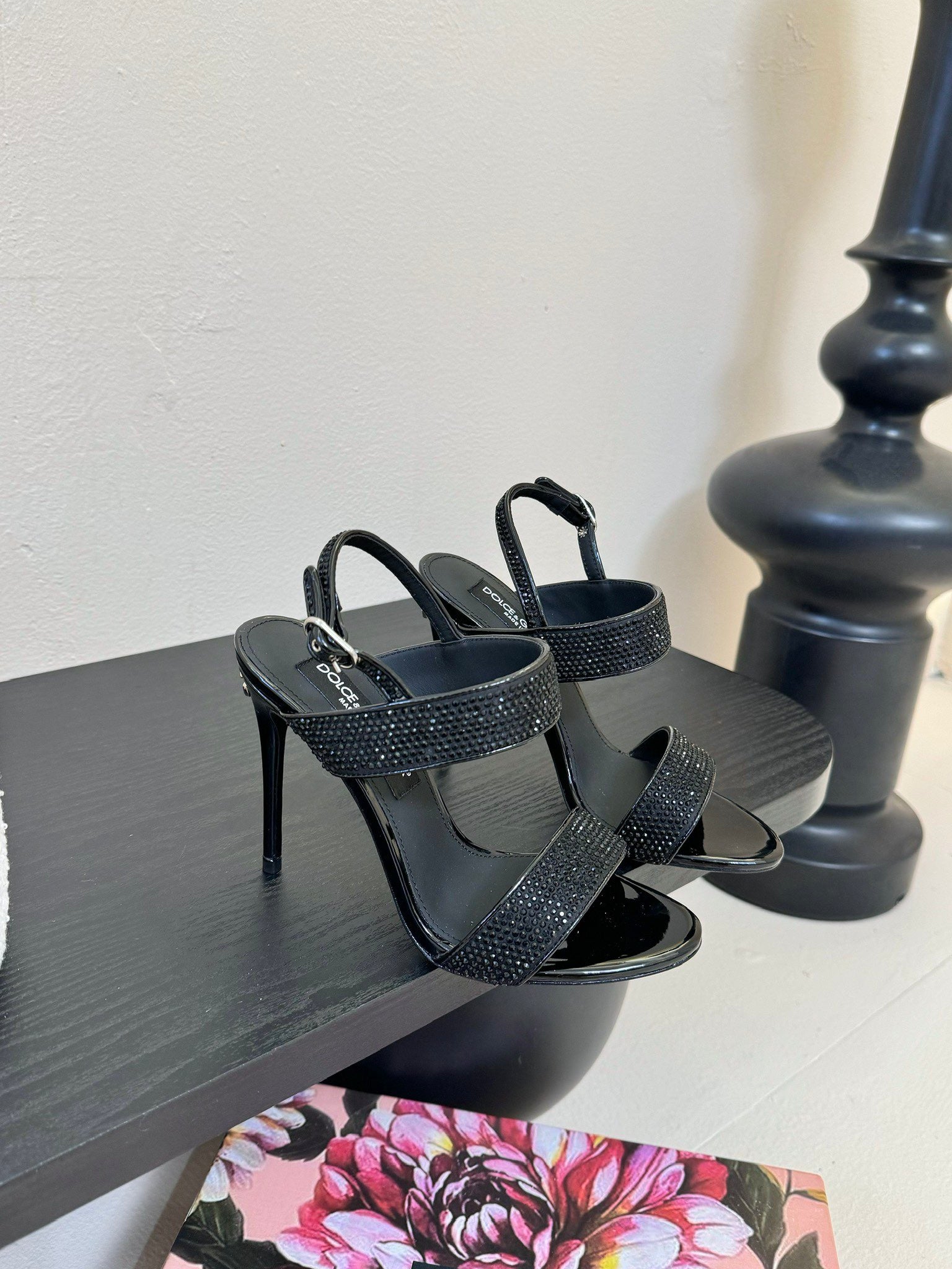 DC Satin Sandals Black Sheepskin & Fusible Rhinestones 313668
