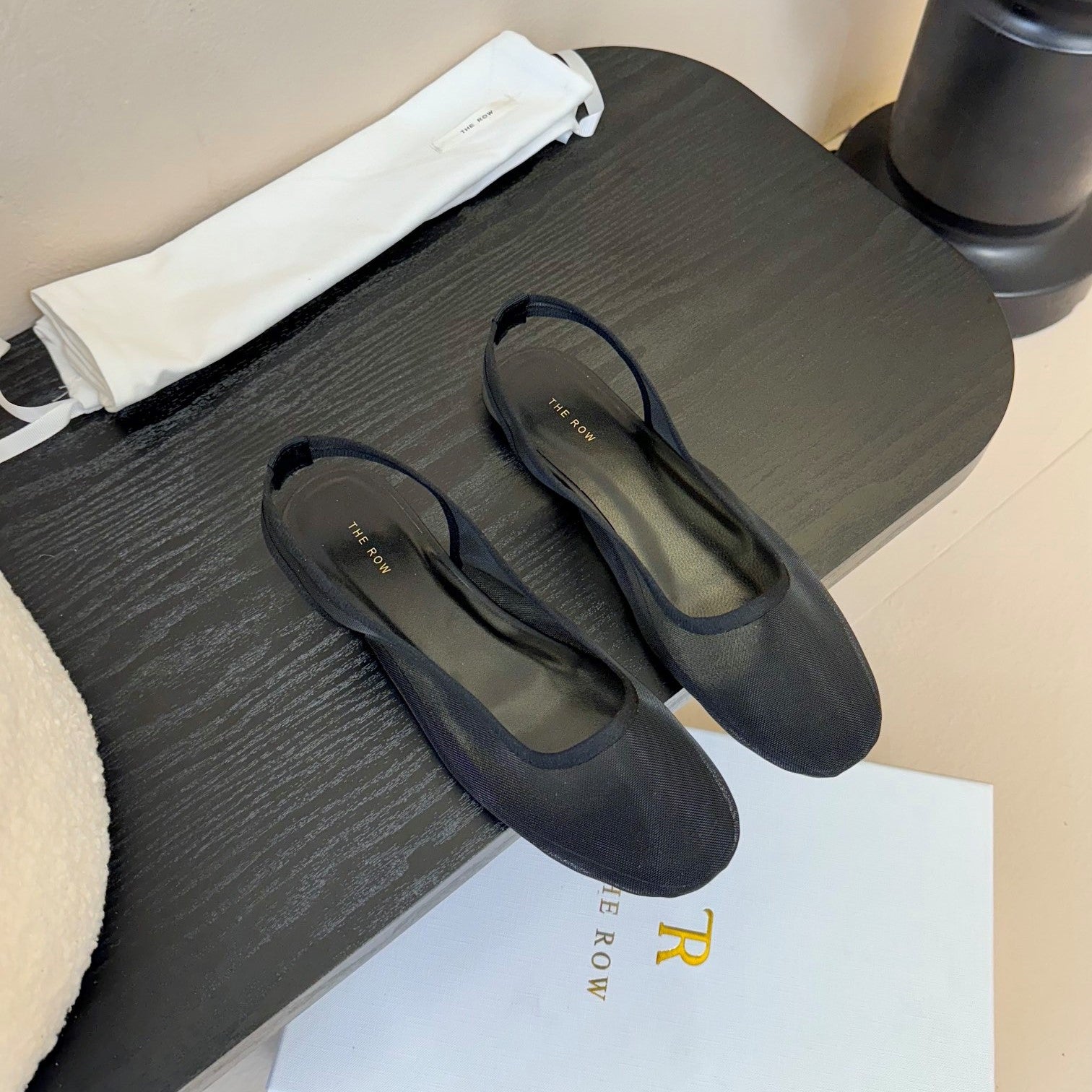 The Row Slingback Flat 10mm Black Mesh And Sheepskin 334168