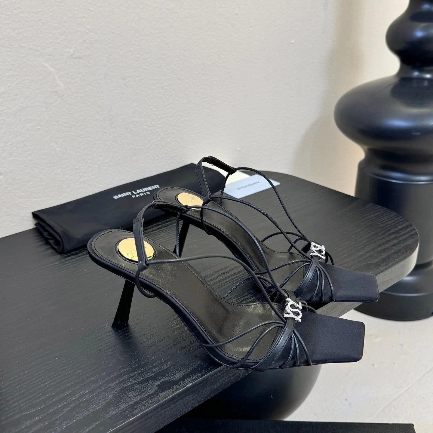 YSL 26ss Square Toe Sandals 70 Black Silk Sheepskin 651706