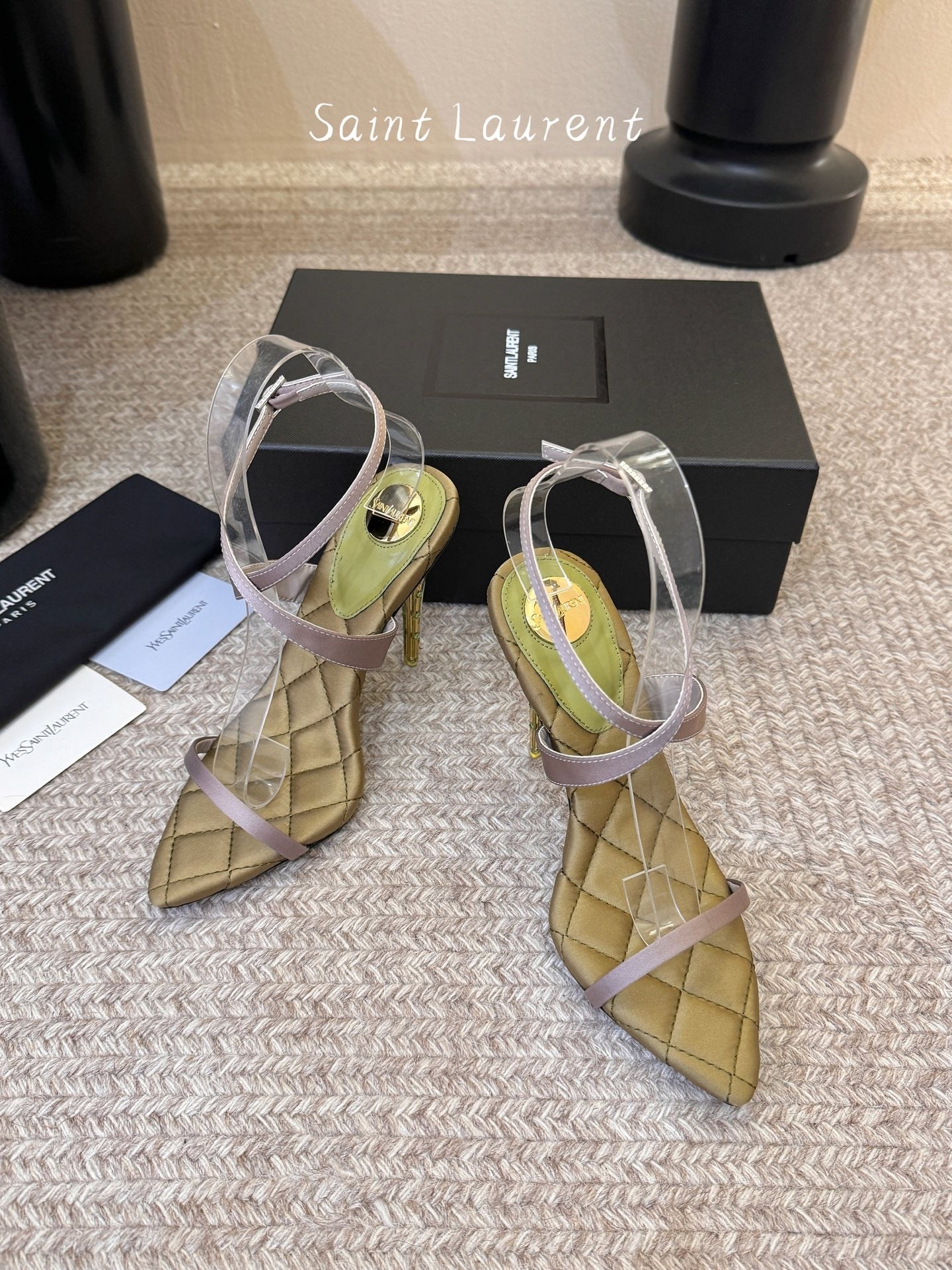 YSL Ivresse Sandals 11cm Olive Taupe Satin 934322