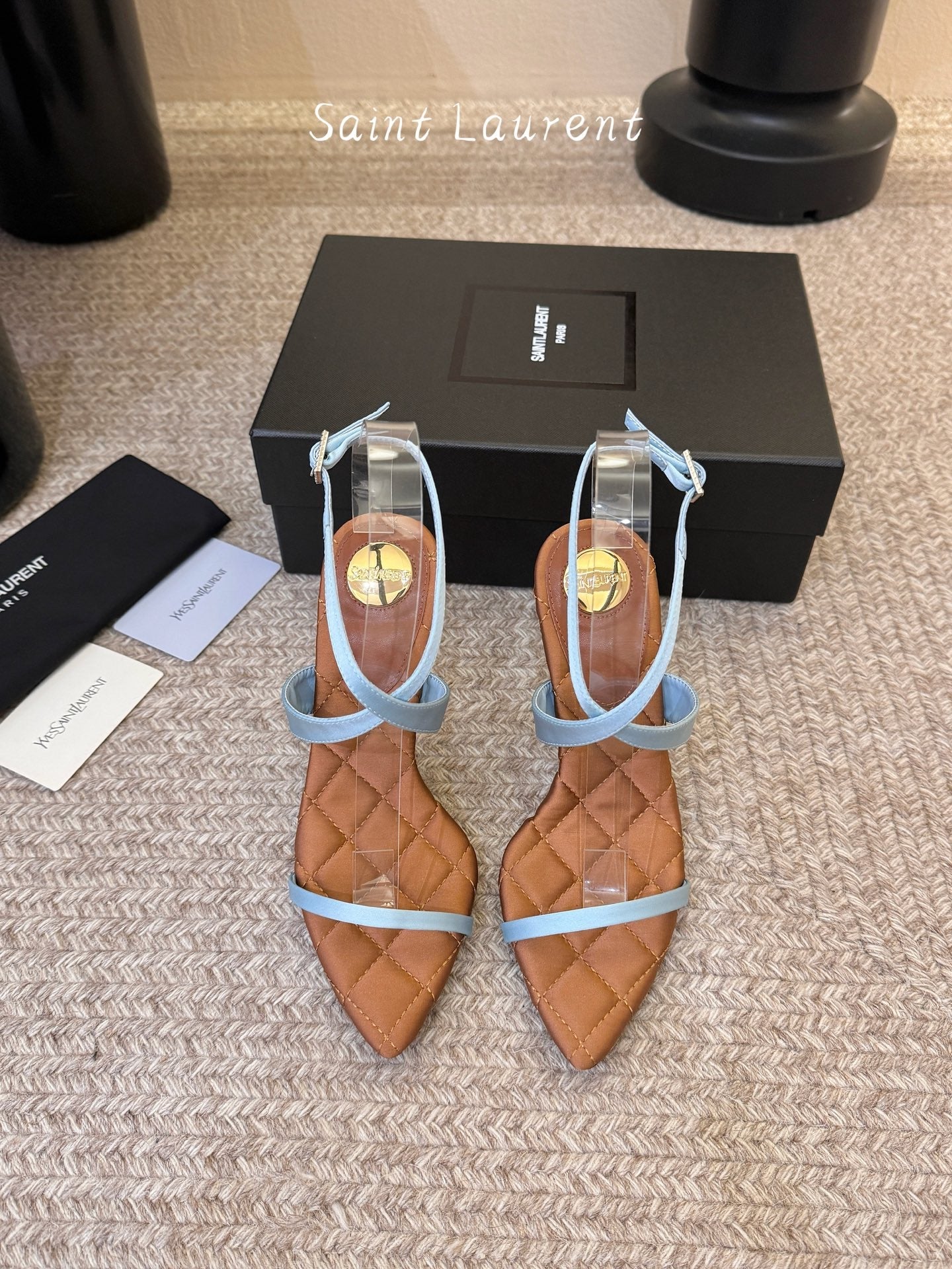 YSL Ivresse Sandals 11cm Brown Blue Satin 934326