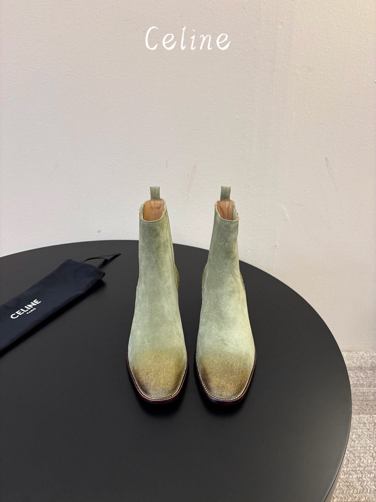 Celine 26s Triomphe Chelsea Boots Light Olive Horsehair 104883