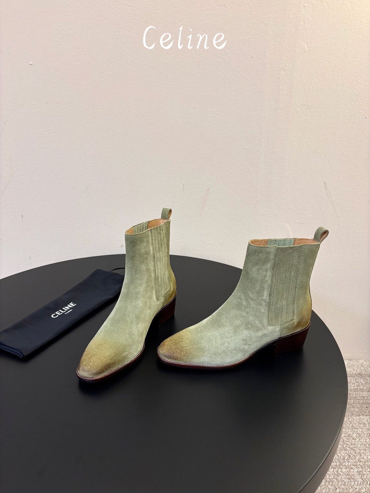 Celine 26s Triomphe Chelsea Boots Light Olive Horsehair 104883