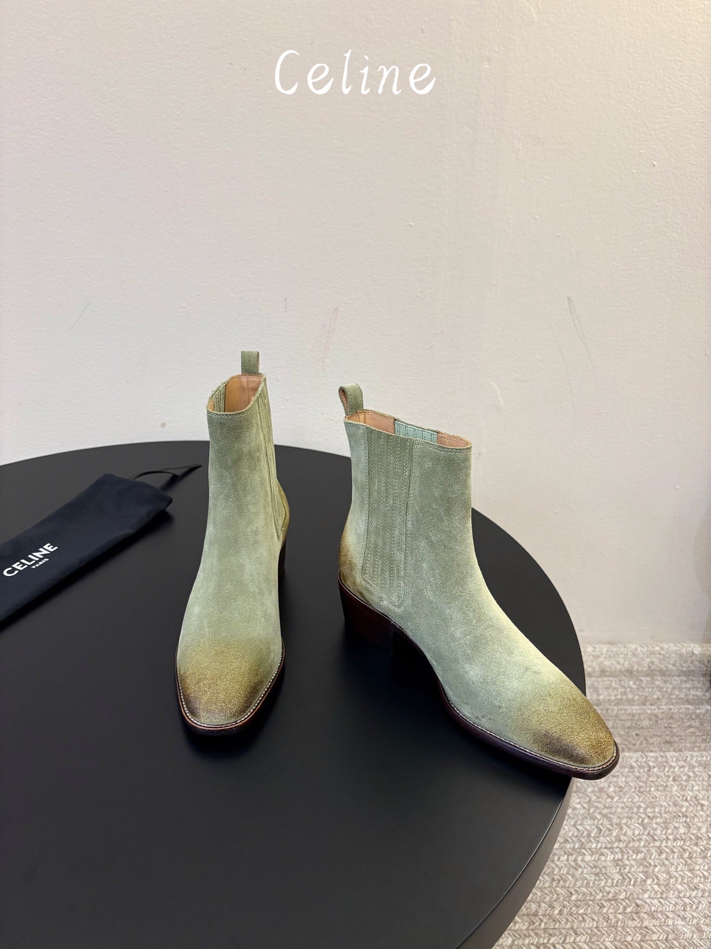 Celine 26s Triomphe Chelsea Boots Light Olive Horsehair 104883