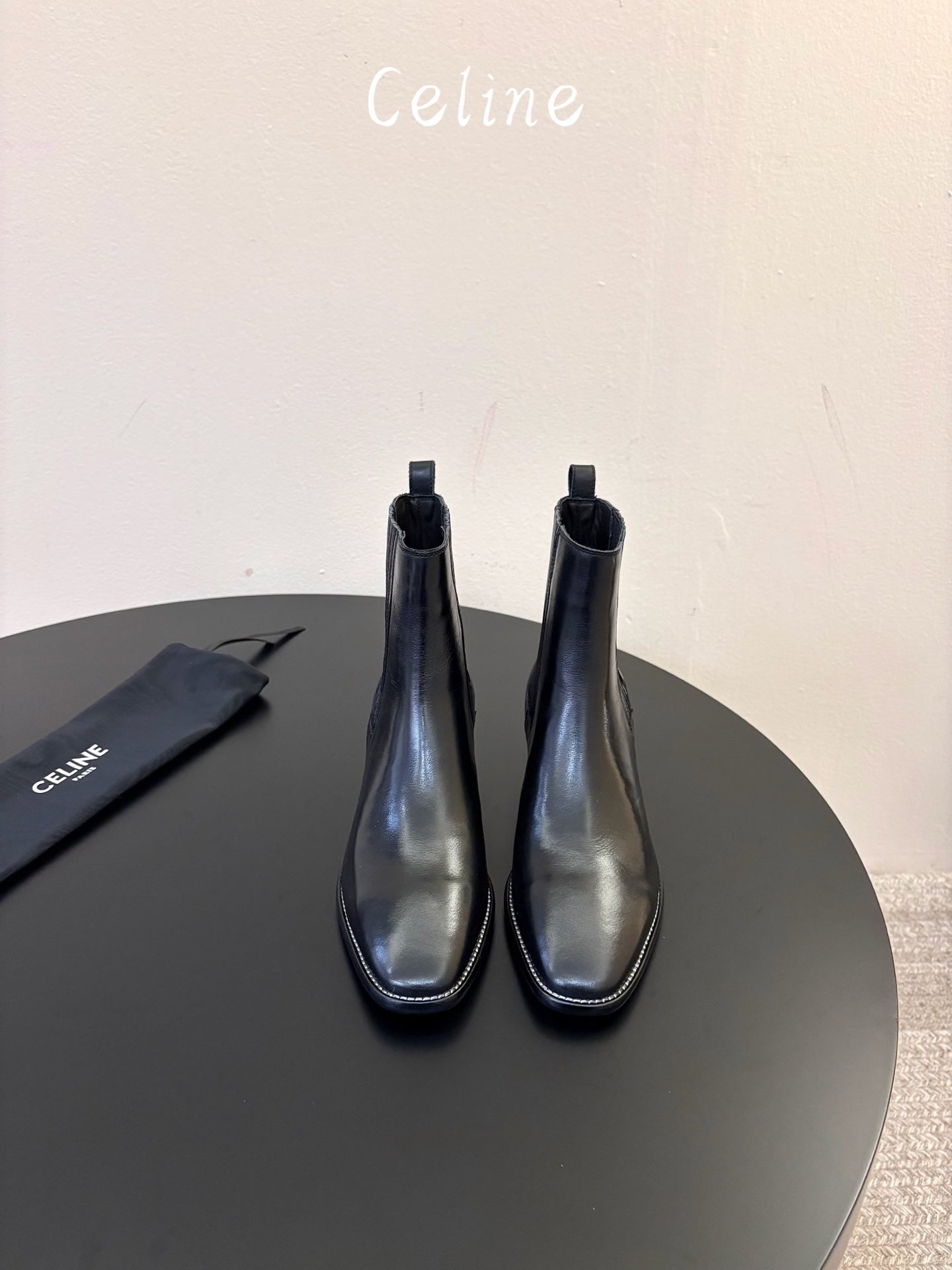 Celine 26s Triomphe Chelsea Boots Black Glossy Sheepskin 104884