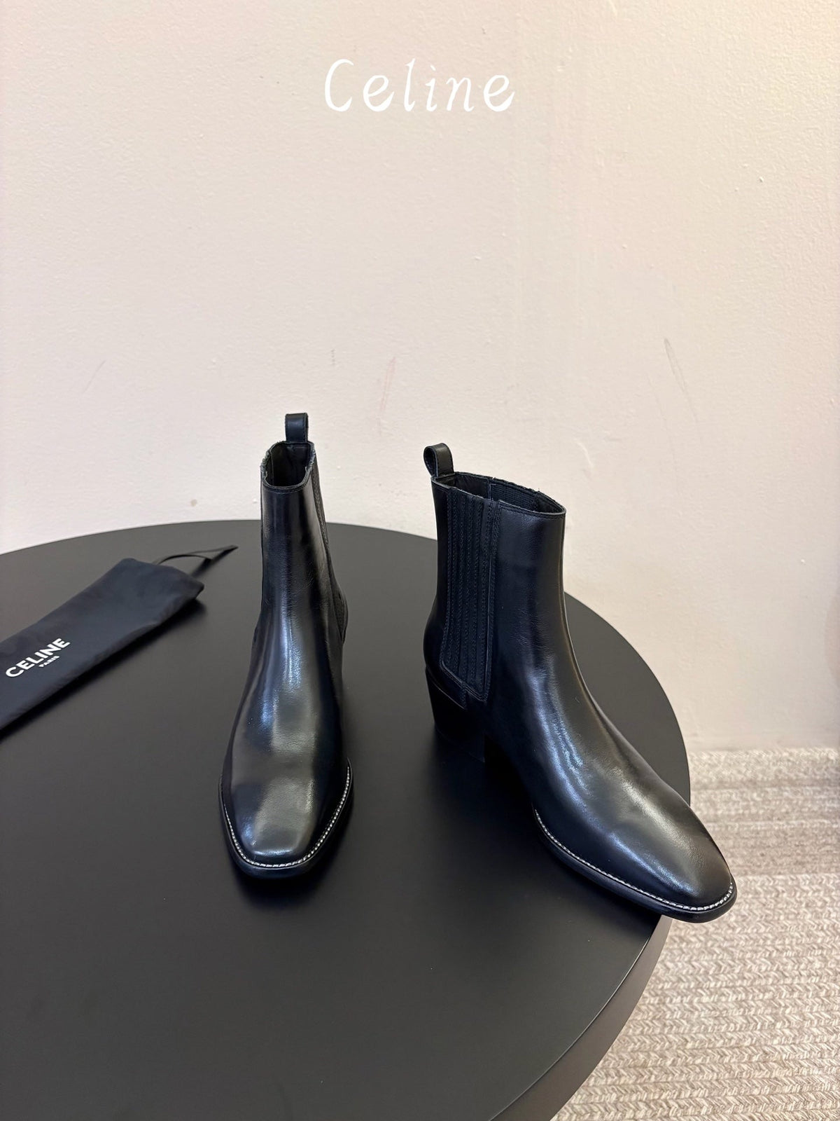 Celine 26s Triomphe Chelsea Boots Black Glossy Sheepskin 104884