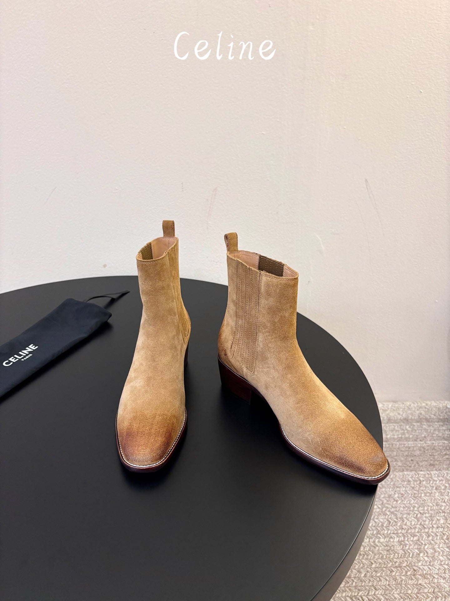 Celine 26s Triomphe Chelsea Boots Khaki Suede 104885