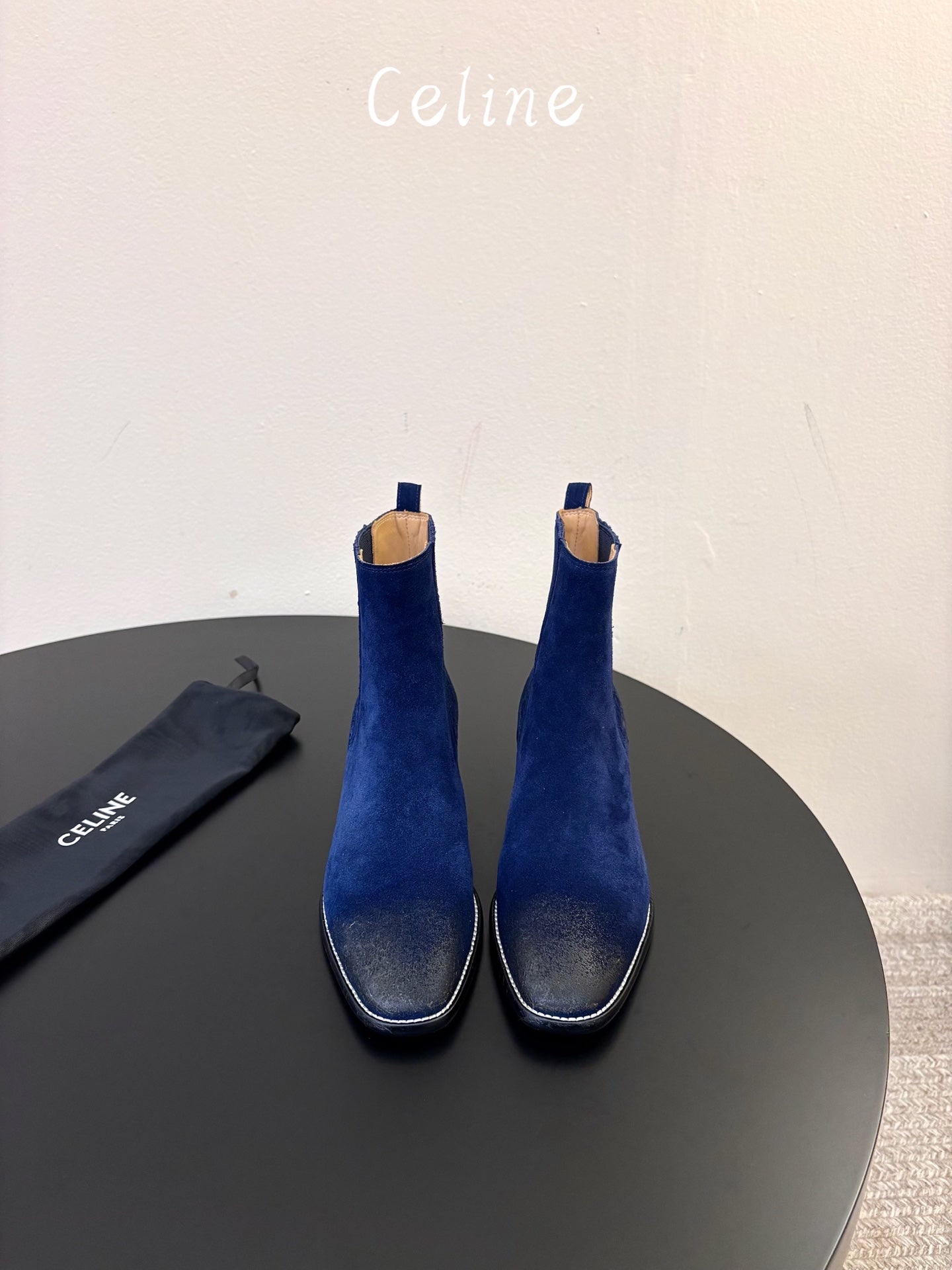 Celine 26s Triomphe Chelsea Boots Dark Blue Suede 104886