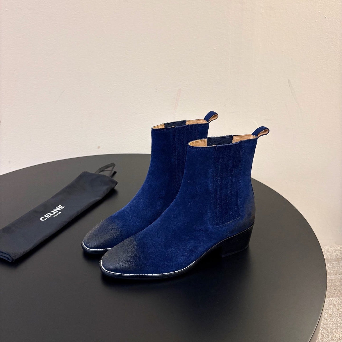 Celine 26s Triomphe Chelsea Boots Dark Blue Suede 104886