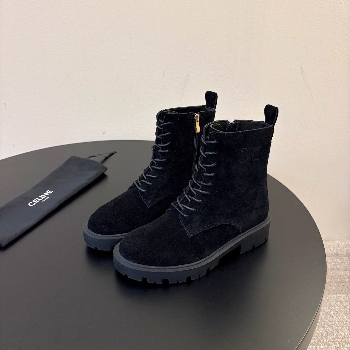 Celine 26s Triomphe Platform Martin Boots Black Suede 104888