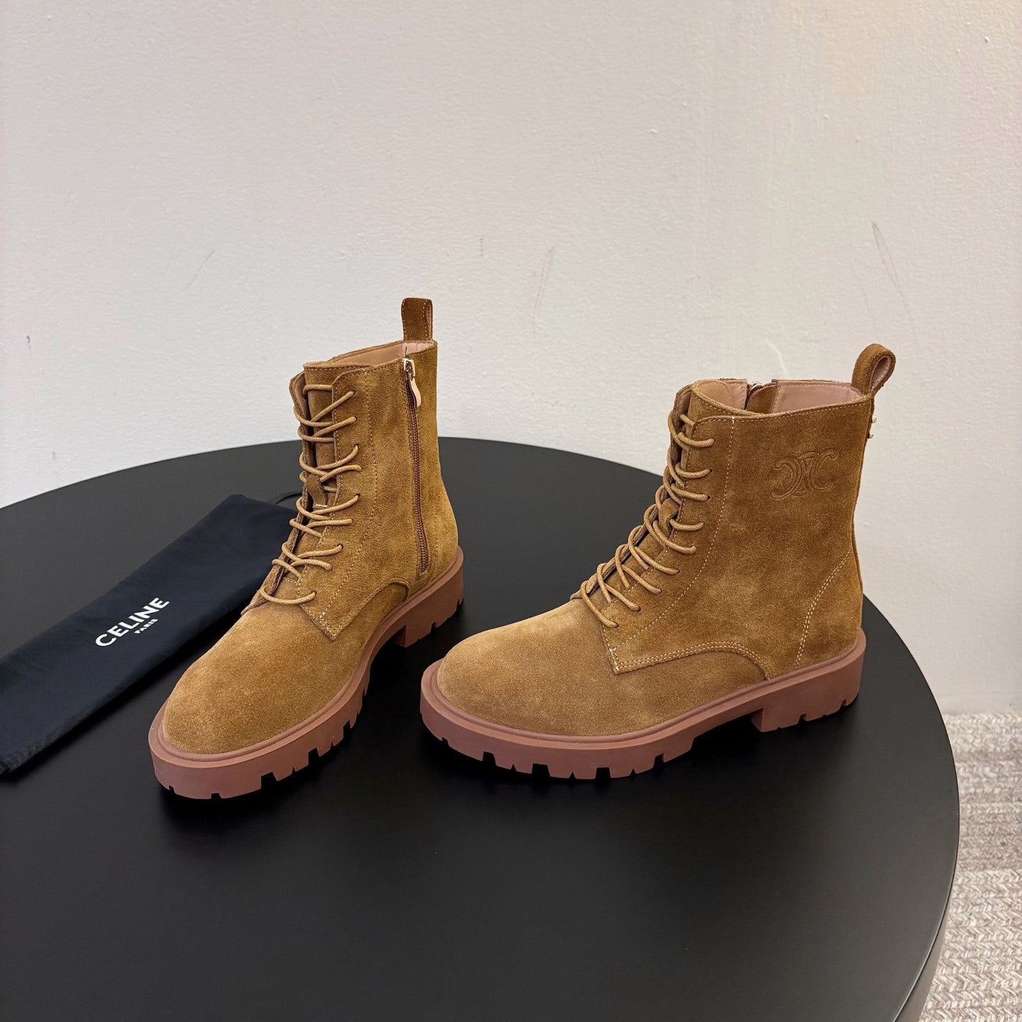 Celine 26s Triomphe Platform Martin Boots Brown Suede 104890
