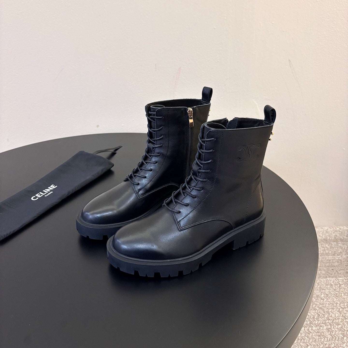 Celine 26s Triomphe Platform Martin Boots Black Lambskin 104892