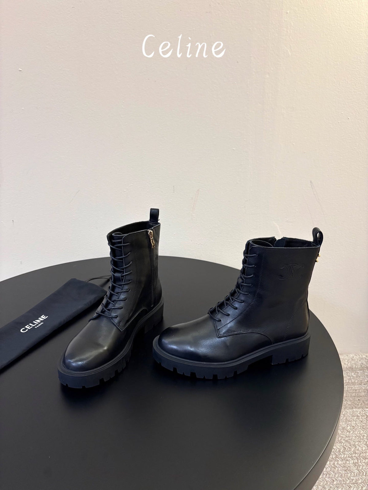 Celine 26s Triomphe Platform Martin Boots Black Lambskin 104892