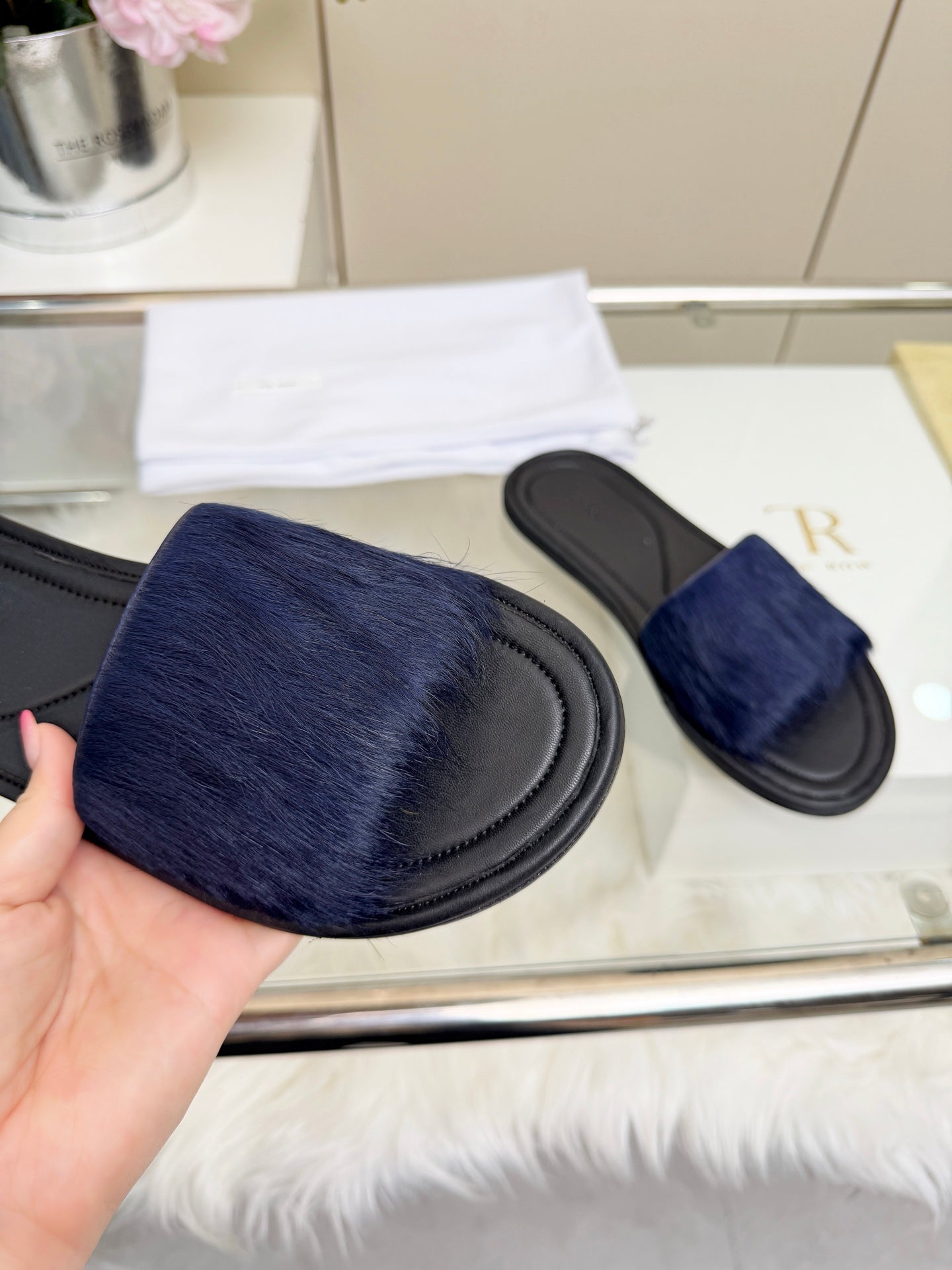 The Row Malick Fur Slide Dark Blue 707546