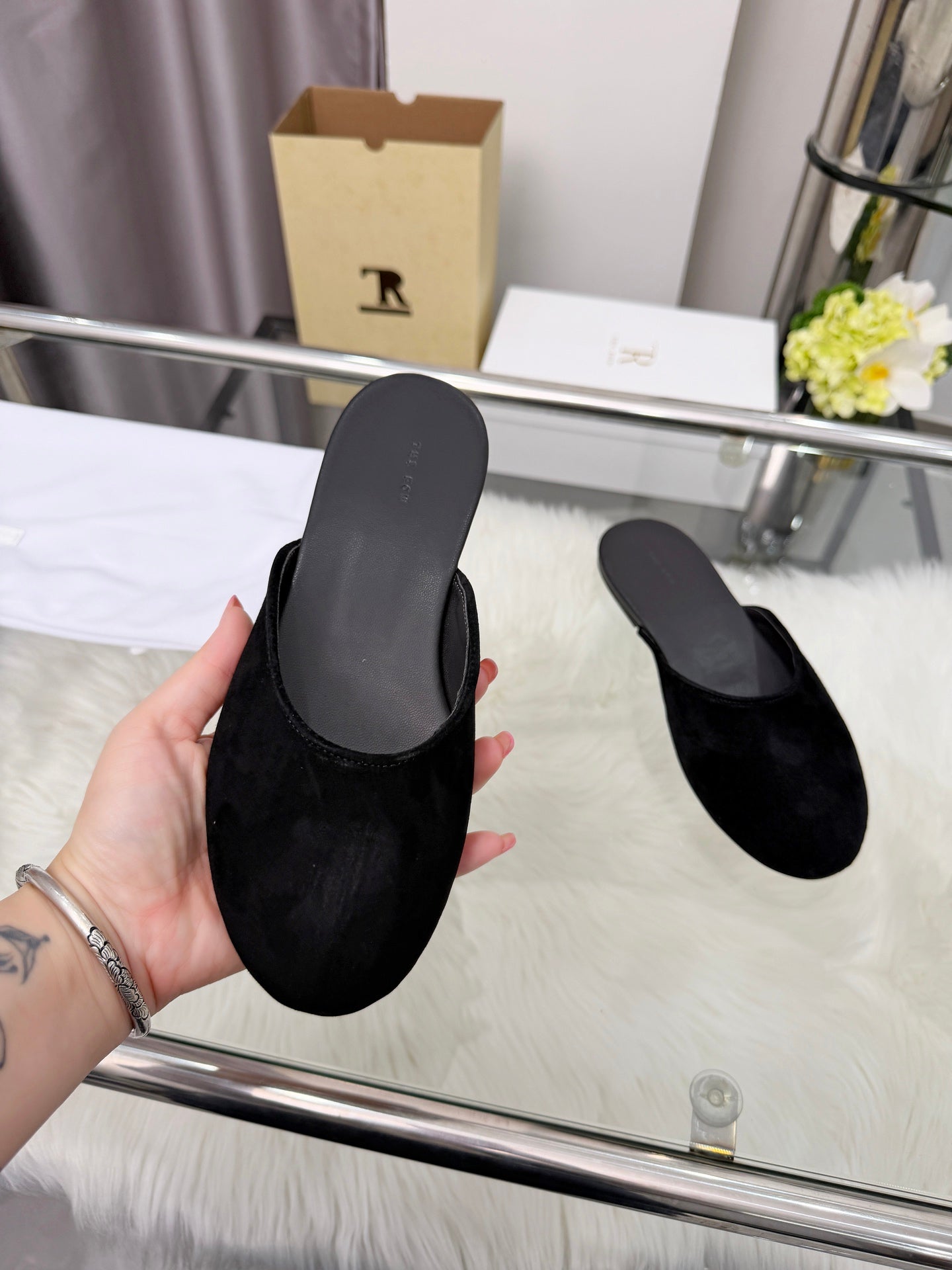 The Row Sleeper Two Slippers Black Suede 707572