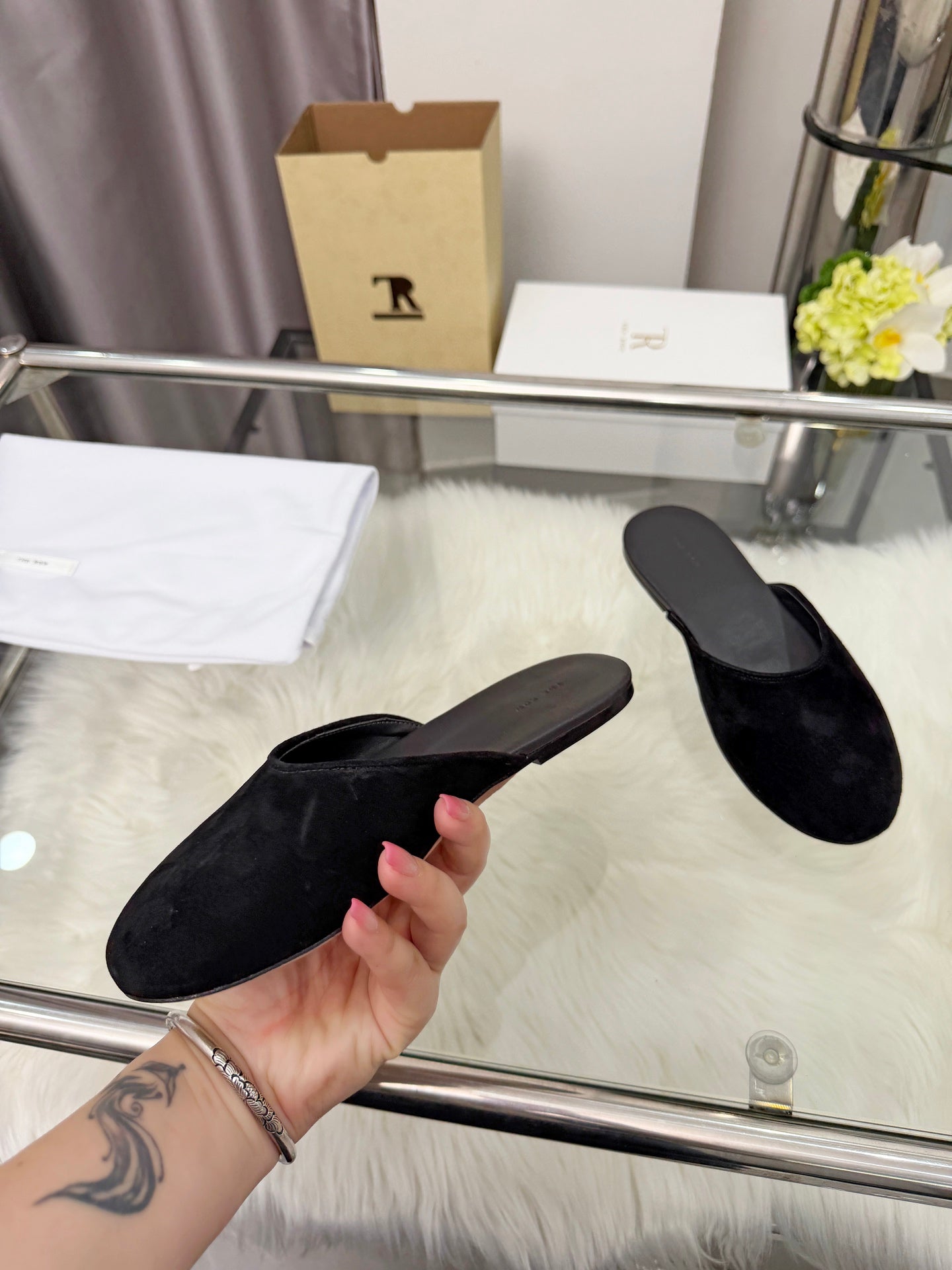 The Row Sleeper Two Slippers Black Suede 707572