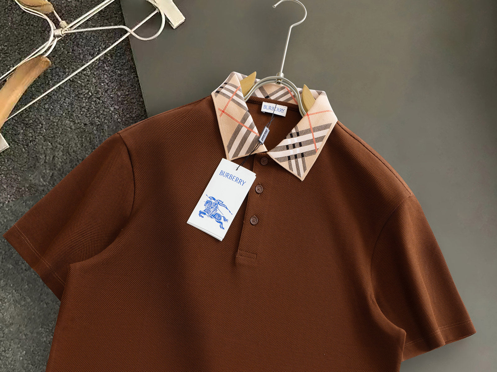 Burberry Men Check Colla Polo Shirt Brown Cotton
