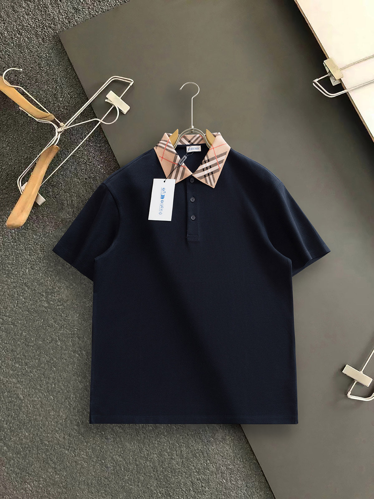Burberry Men Check Colla Polo Shirt Black Cotton