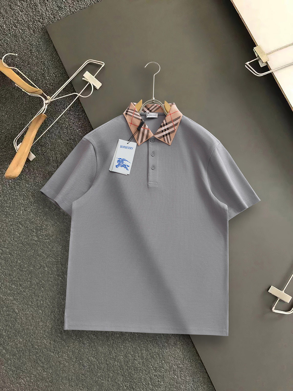 Burberry Men Check Colla Polo Shirt Grey Cotton
