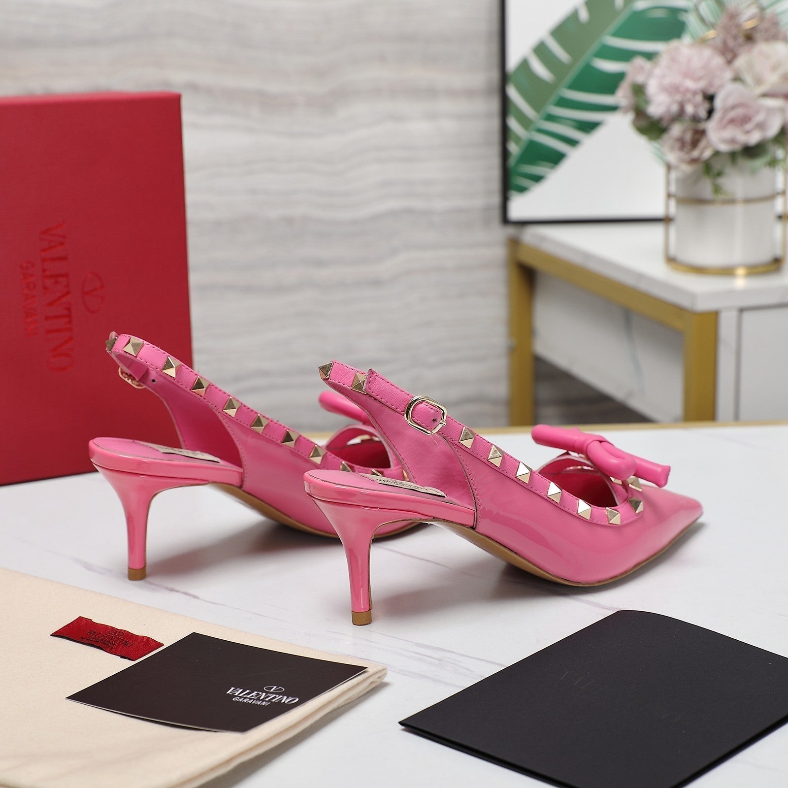 Valentino Rockstud Bow Slingback Fusca Pink Patent Leather Pump 60mm