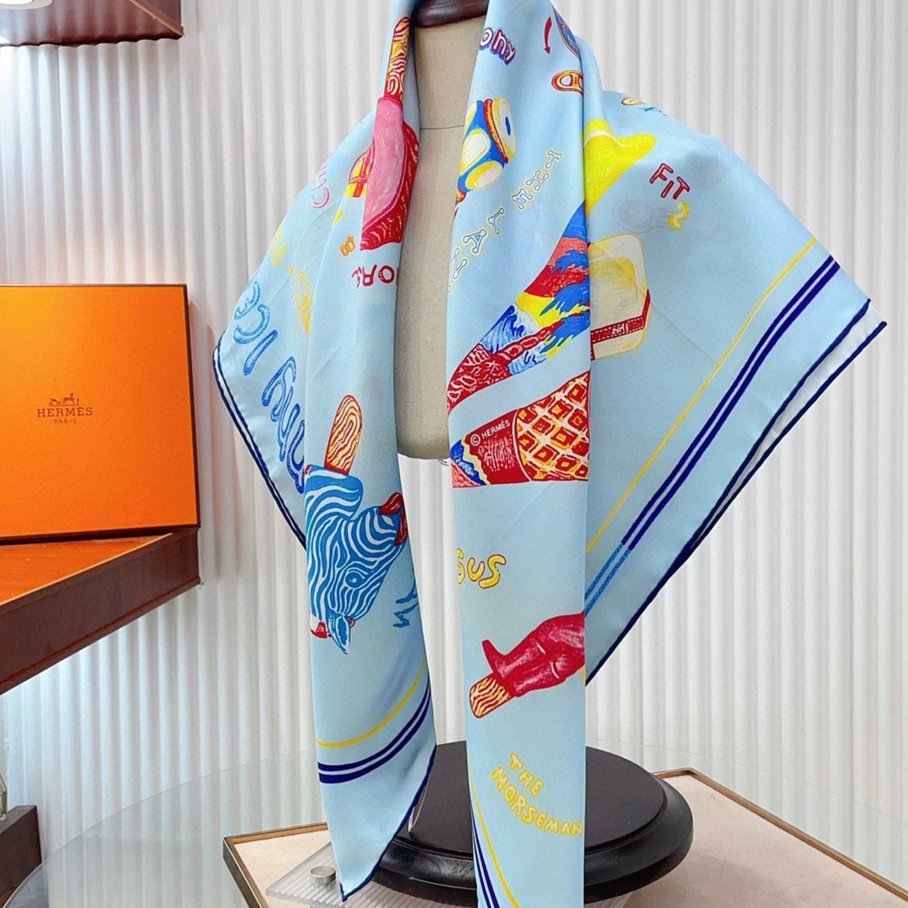 Funny Ice Cream Scarf 90 CM In Light Blue Colorful Silk Twill 300439